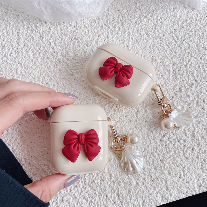 Beige Red Bow Shell Pendant Wireless Earphone Case Best YouTube Store