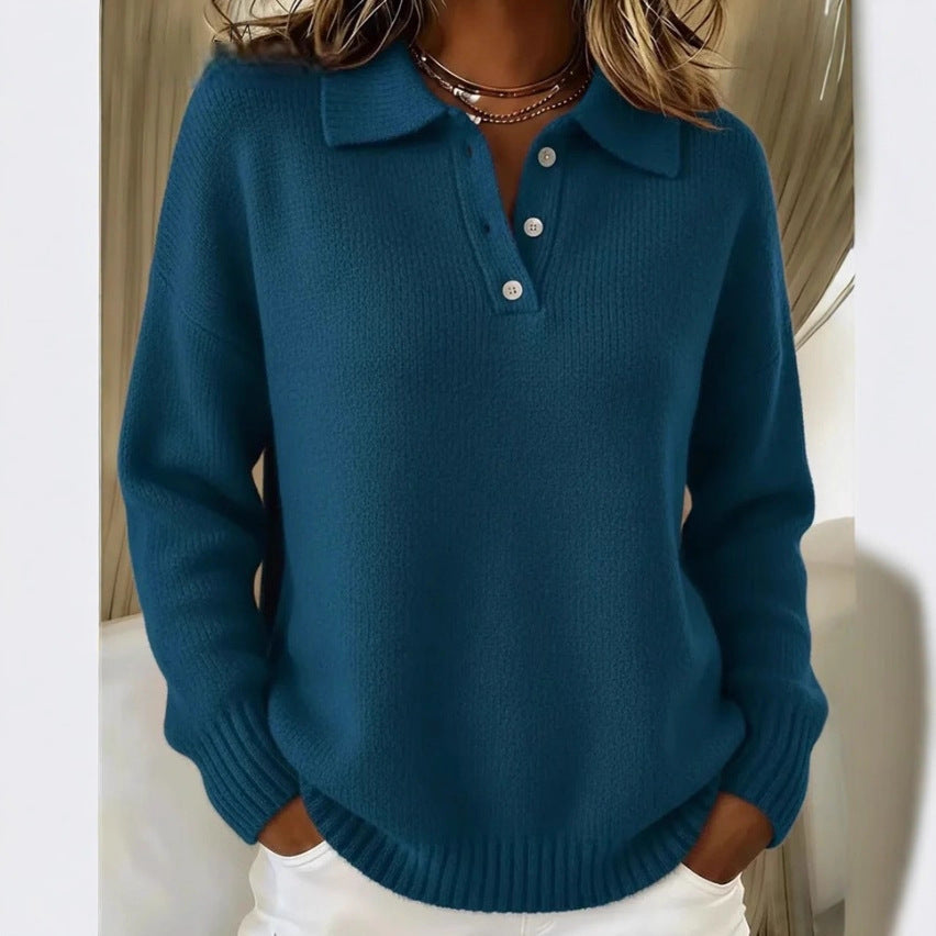 Loose And Soft Women's Lapel Long Sleeve Button Sweater LadyShow.Store