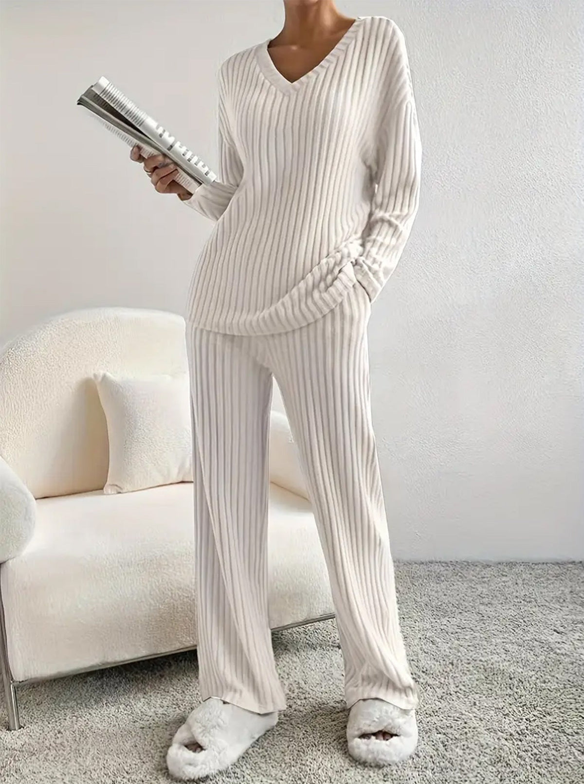 2026 Fall Winter New Arrival TwoPiece Outfit,Elegant Loose VNeck Knit Set With StraightLeg Pants NorixaFashion.com
