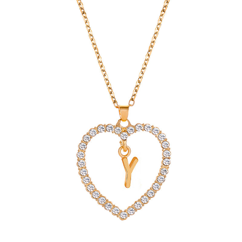 Womens Stylish & Minimalist Diamond-Encrusted 26-Letter Heart Pendant Necklace Best YouTube Store