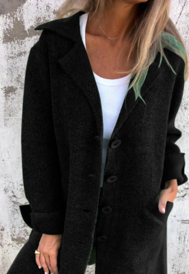 Lapel Single Breasted Cardigan With Pockets Fashion Color Solid Mid-Length Outwear Coat Womens Clothing LadyShow.Store