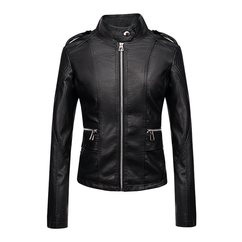 Women's Leather Jacket Women's Slim-fit Leather Jacket Women's Motorcycle Clothing PU Leather Women's Jacket Short Women's Leather Jacket Three-line Craft LadyShow.Store