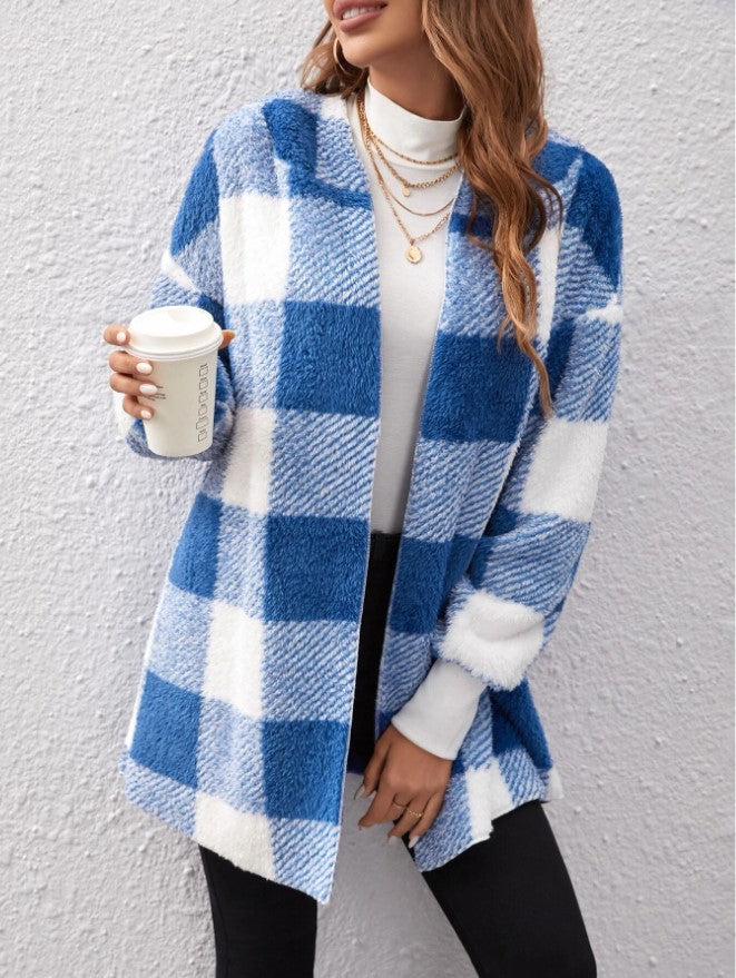 Coat Loose Plaid Color Stitching Knitted Cardigan Sweater NorixaFashion.com