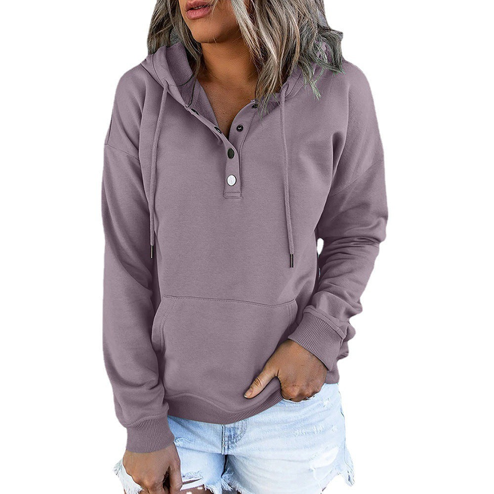 Long-sleeved Hooded Sweatshirt With Pockets Fashion Casual Button Drawstring Design Hoodie Top Spring And Autumn Sports Clothing For Women LadyShow.Store