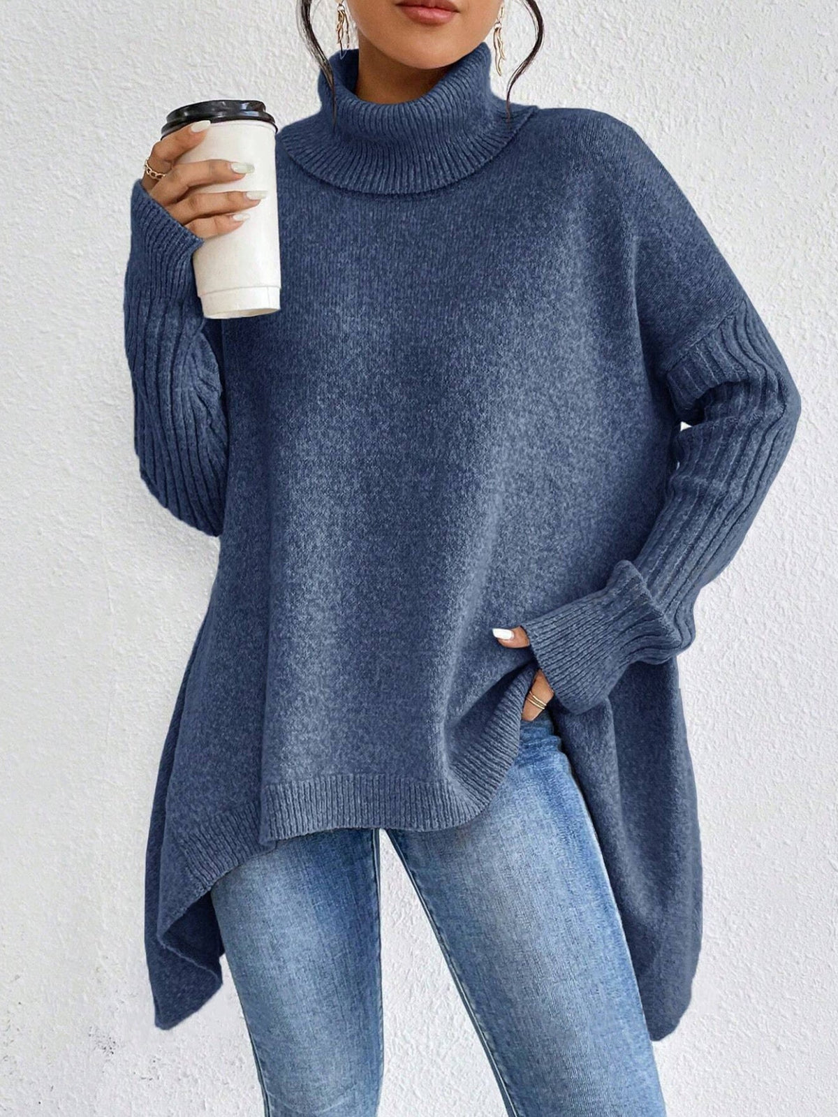 Irregular Turtleneck Sweater Winter Loose Long Sleeve Knitted Tops Leisure Warm Pullover Sweater Women's Clothing LadyShow.Store