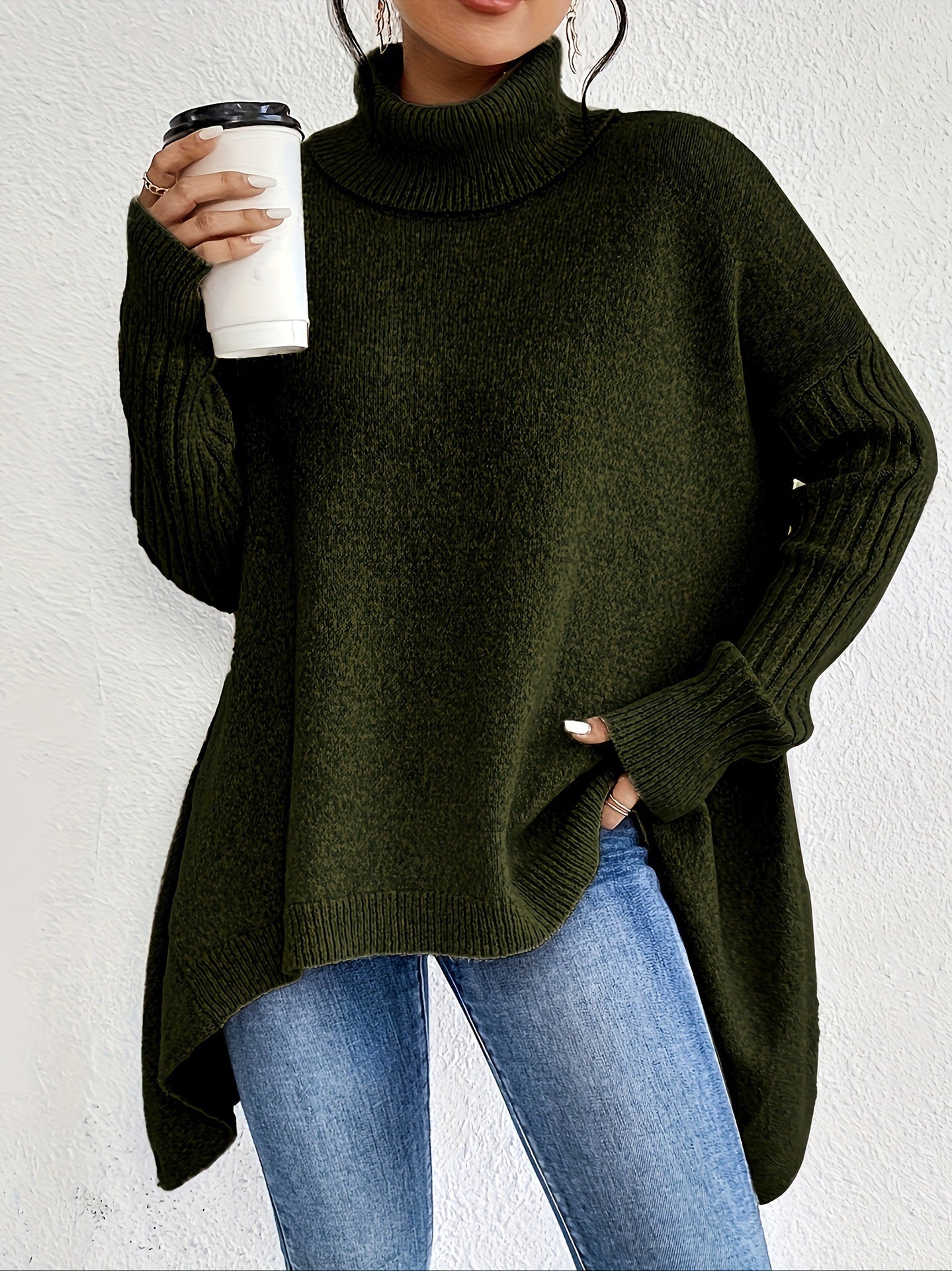 Irregular Turtleneck Sweater Winter Loose Long Sleeve Knitted Tops Leisure Warm Pullover Sweater Women's Clothing Best YouTube Store