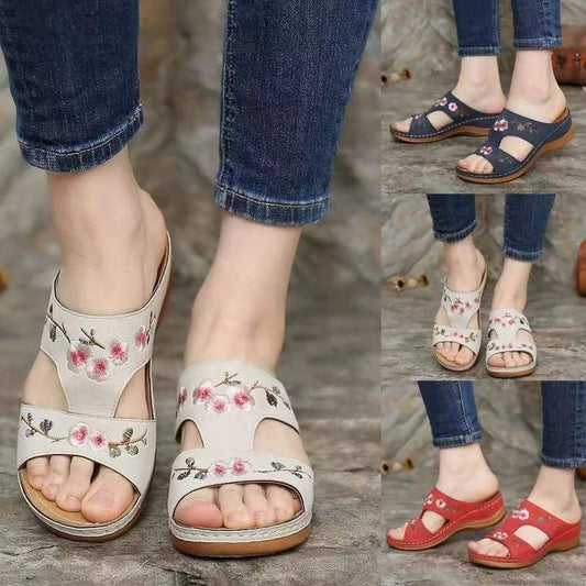 Wedge Heel Retro Stitched Embroidered Ethnic Style Women's Platform Slippers LadyShow.Store