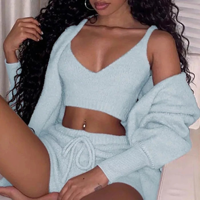 3pcs Womens Clothing Long Sleeve Crop Tank Top And Drawstring Shorts Pajama Set NorixaFashion.com