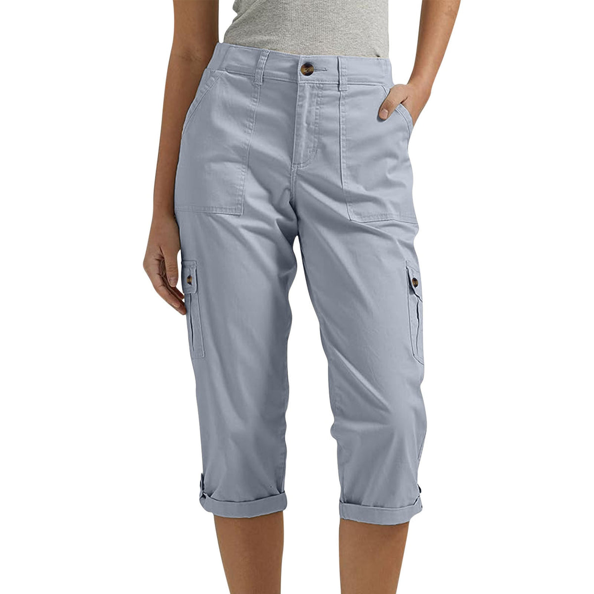 Solid Color Casual Cropped Pants - Women's High Waist Multiple Pockets Capri Trousers for Daily Wear NorixaFashion.com