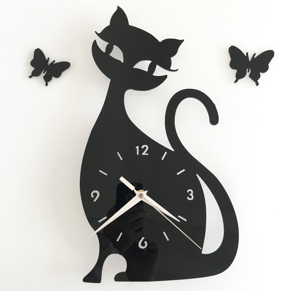 Quartz wall clock bedroom living room wall clock creative cute black cat wall sticker clock PearlNestDecor.com
