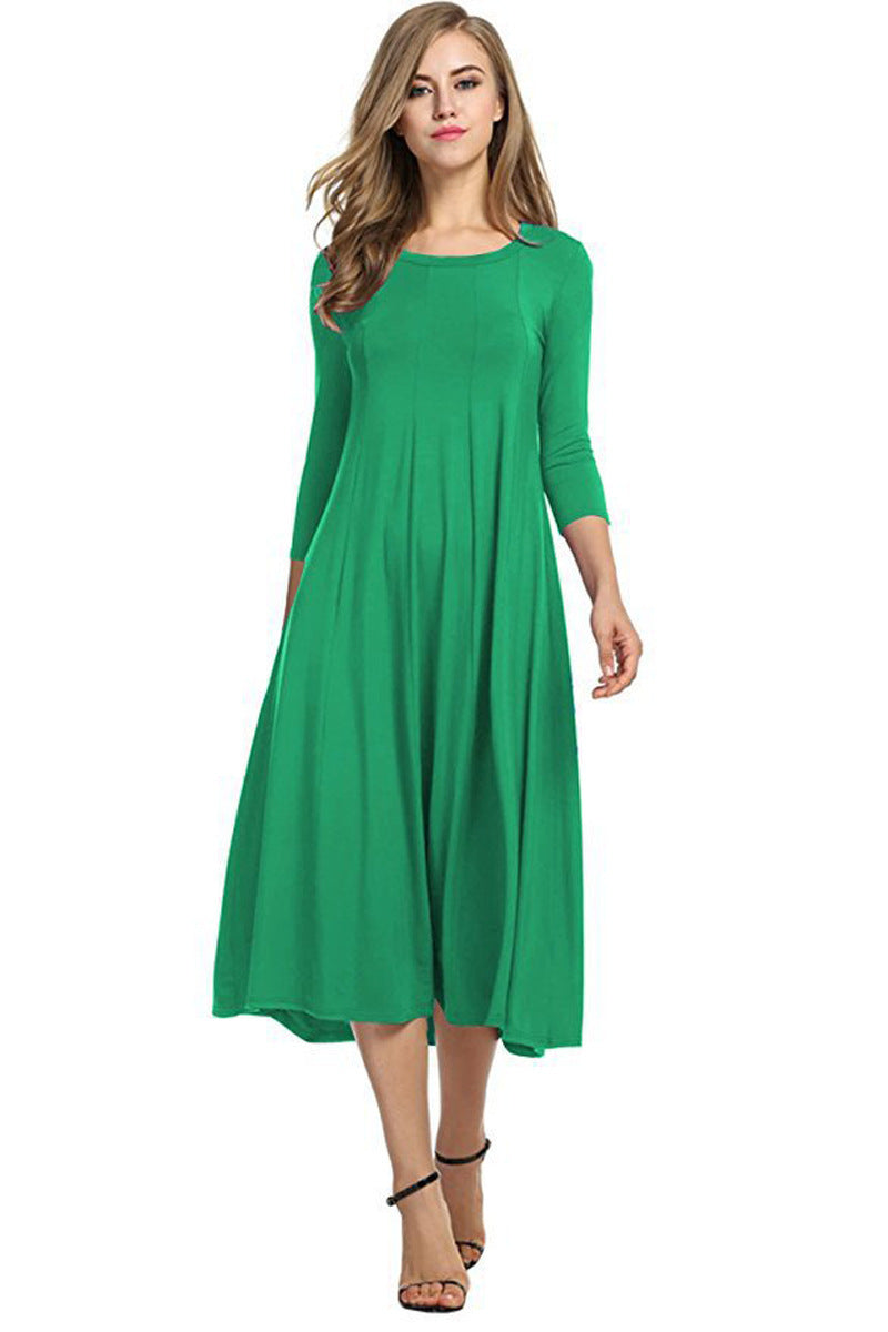 Crew Neck Sleeve Solid Color Swing Dress LuxuryLifeWay Online Store
