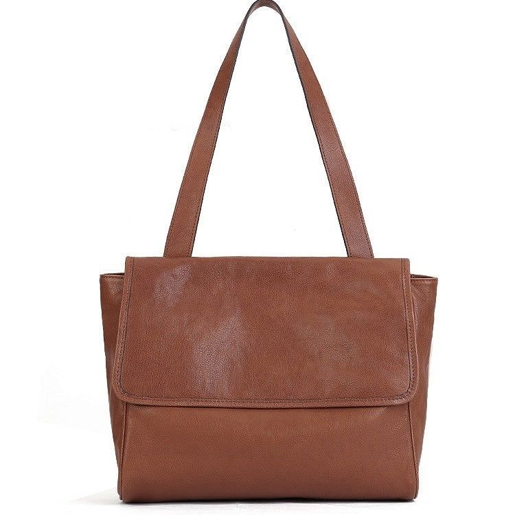 Solid Color Cowhide Tote Bag Simple Commute Shoulder Messenger Bag For Women LadyShow.Store