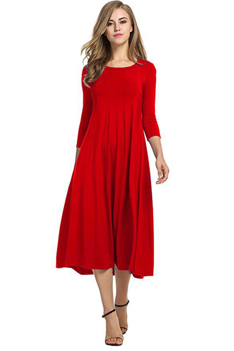 Crew Neck Sleeve Solid Color Swing Dress LuxuryLifeWay Online Store