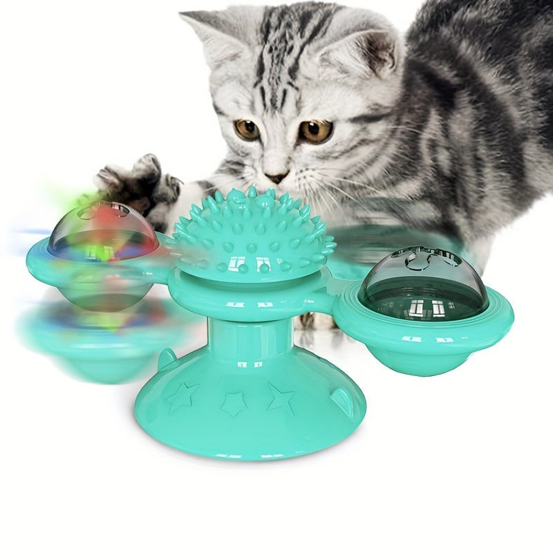 New Windmill Cat Toys Cute Rotating Interactive Cat Toy - Indoor Windmill Cat Toy With Suction Cup Catnip & Jagged Teeth Middle Ball, Smart Kitten Rotating Spinner Exercise Toy, Toothbrush & Massager Pets Fashion