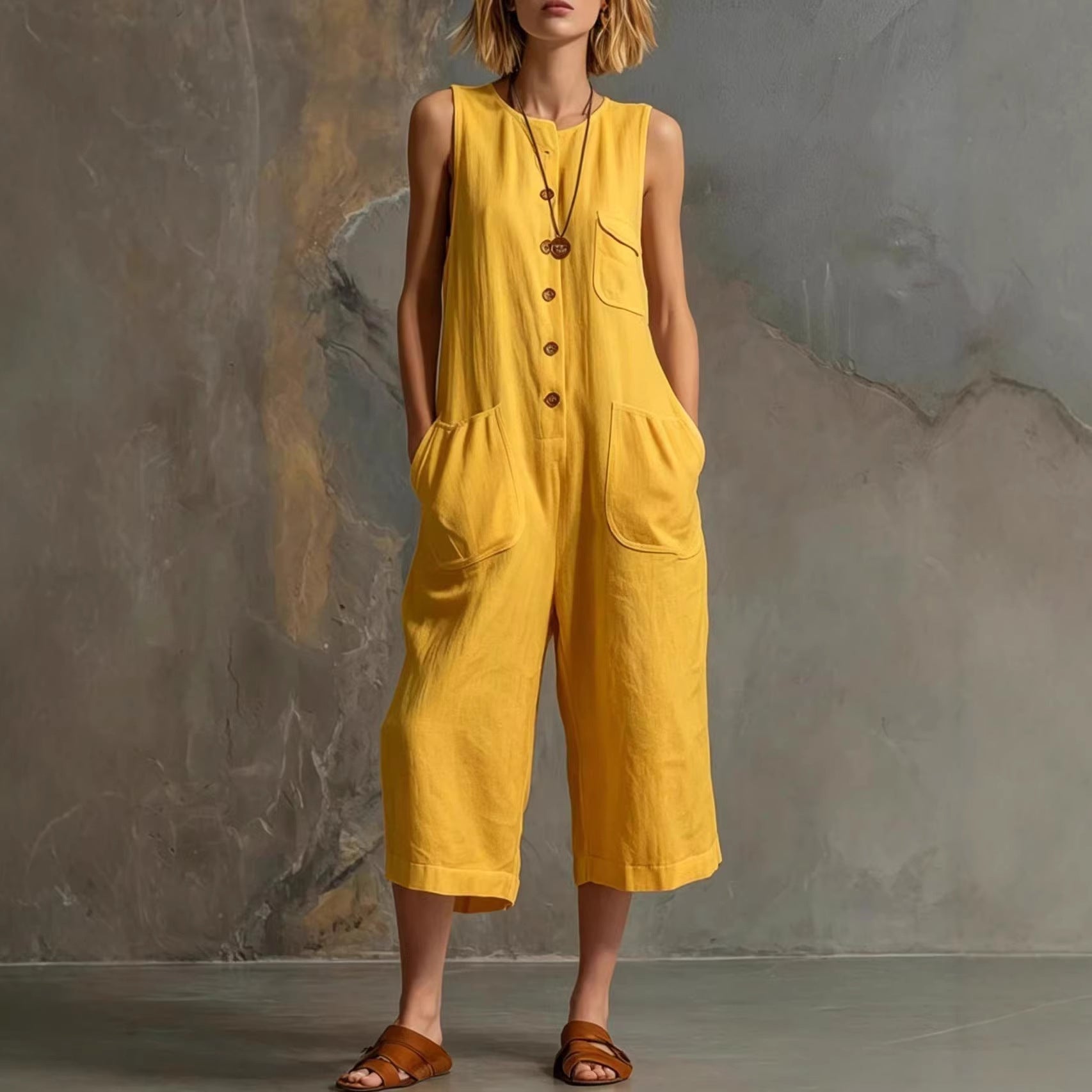 Retro Sleeveless Cotton-Linen Wide-Leg Cropped Jumpsuit LadyShow.Store