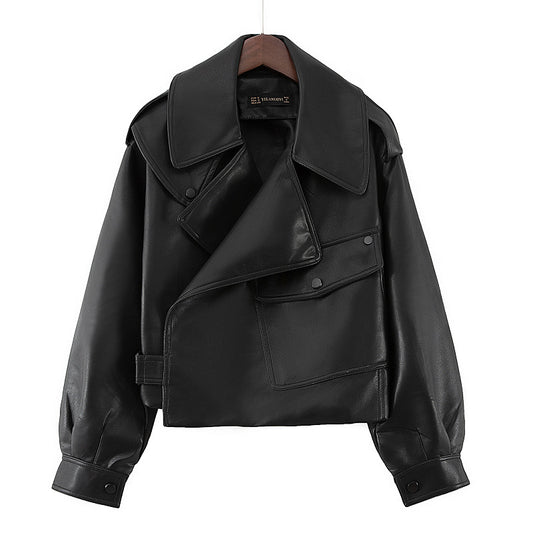 Loose cropped leather jacket motorcycle jacket CJD