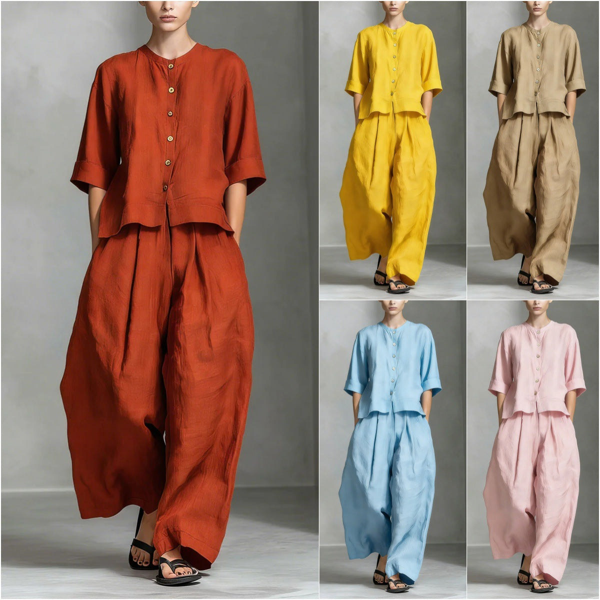 Solid-color Cotton-linen Shirt And Loose-fitting Trousers Two-piece Set NorixaFashion.com