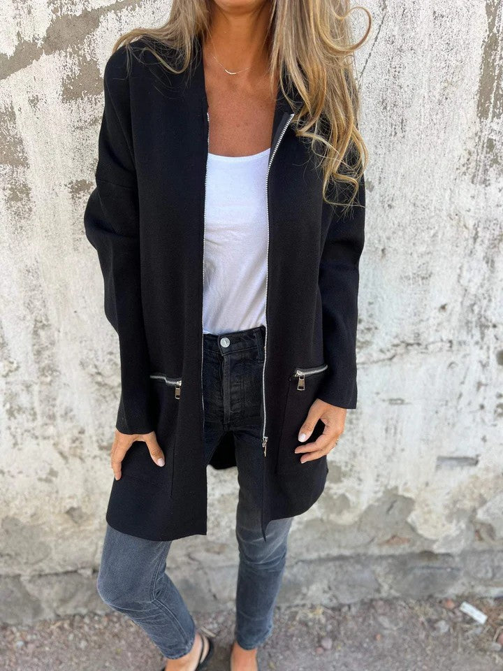 Zip-up Hooded Cardigan Coat Fashion Solid Color Pocket Jacket Fall And Winter Women's Coat Clothing NorixaFashion.com