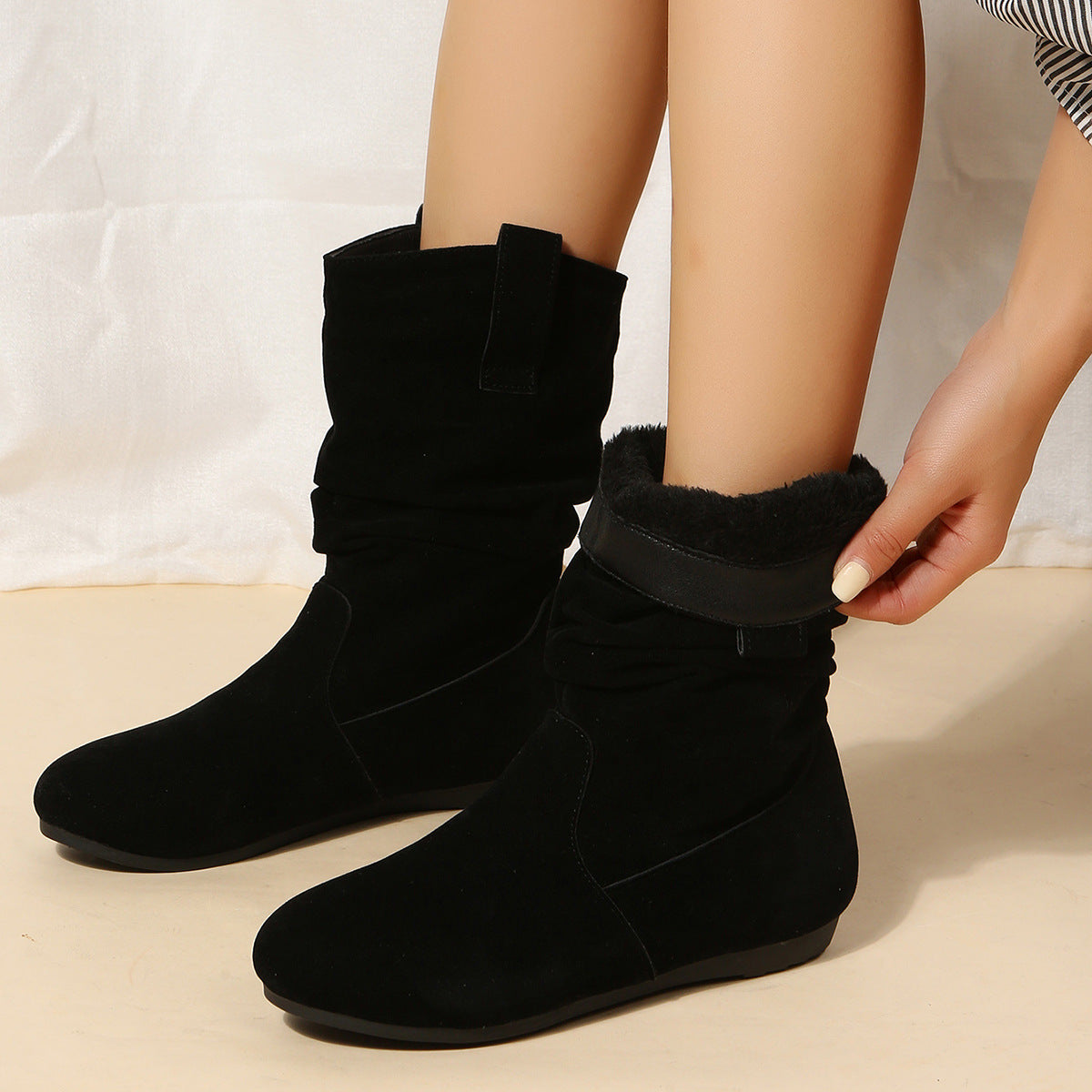 Round Toe Flat Boots Fashion Solid Color Suede Mid-calf Boot Winter Warm Shoes For Women LadyShow.Store