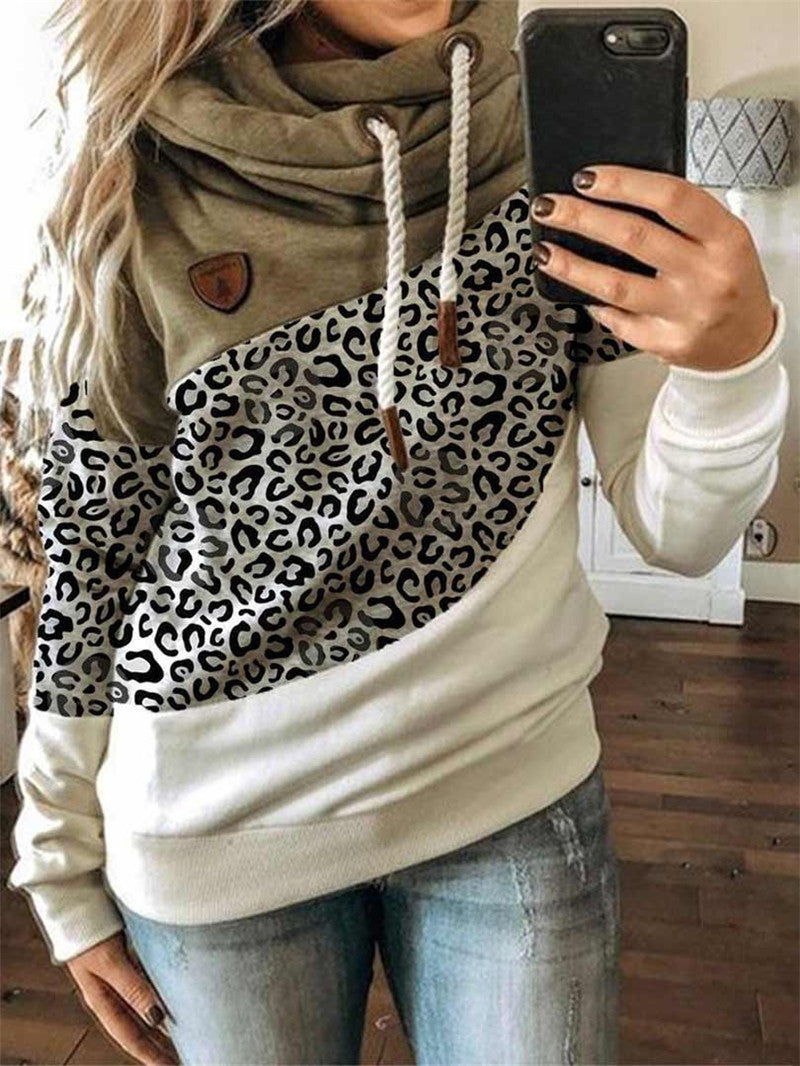 Printed stitching hooded fleece loose sweatshirt