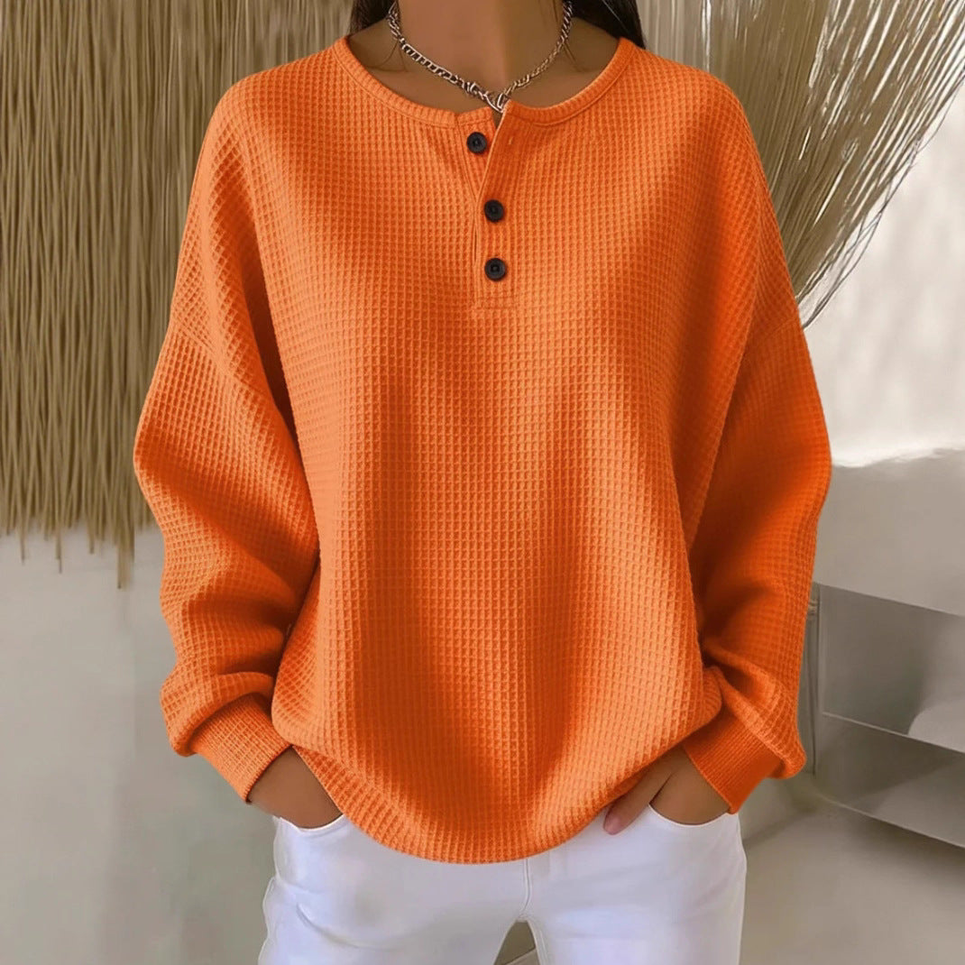 Ins Waffle Long-sleeved T-shirt Fashion Solid Color Buttons Round Neck Pullover Top Women's Clothing NorixaFashion.com