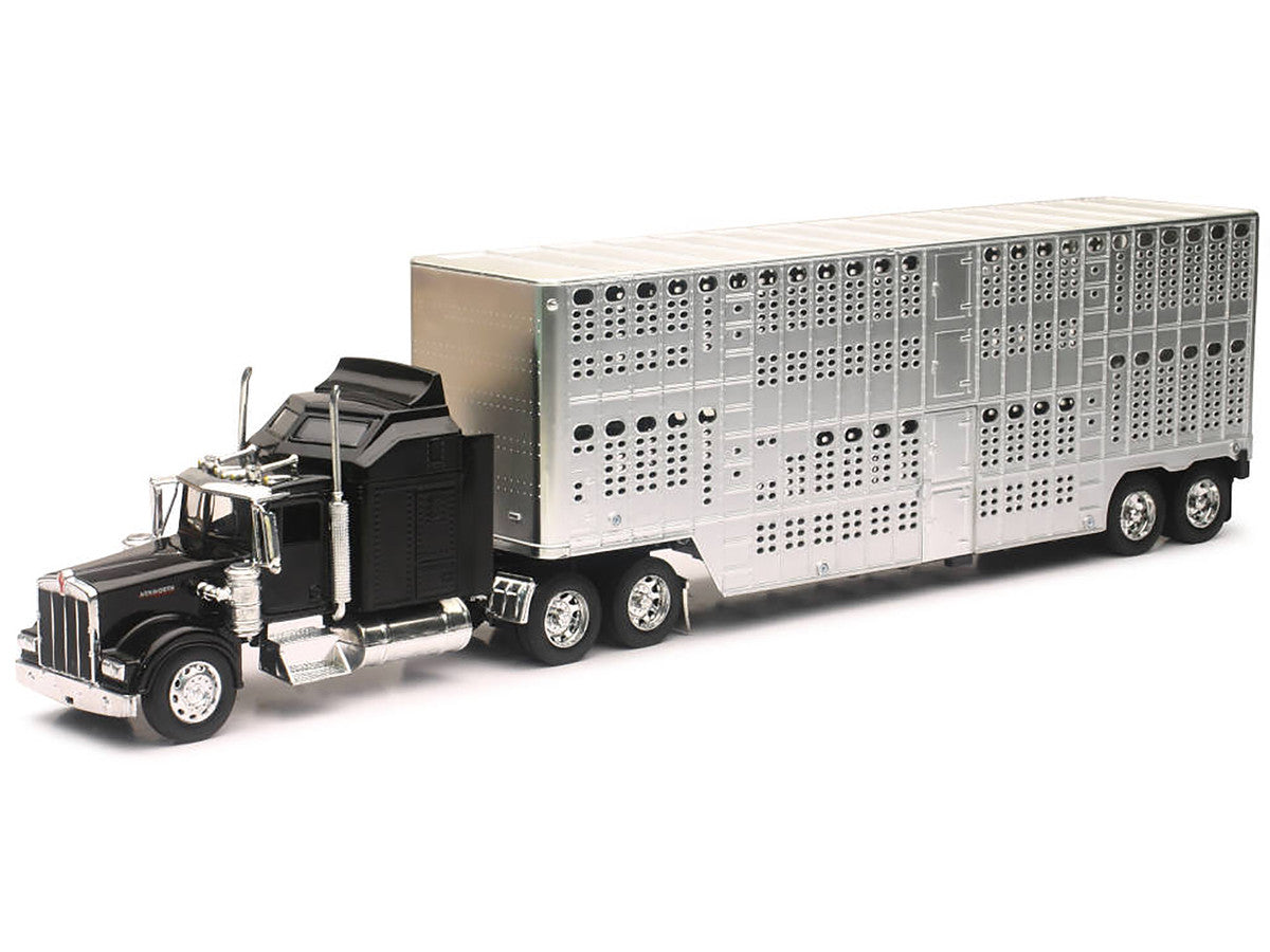 Kenworth W900 Truck Black with Pot Belly Livestock Chrome "Long Haul Truckers" Series 1/32 Diecast Model by New Ray LuxuryLifeWay Online Store