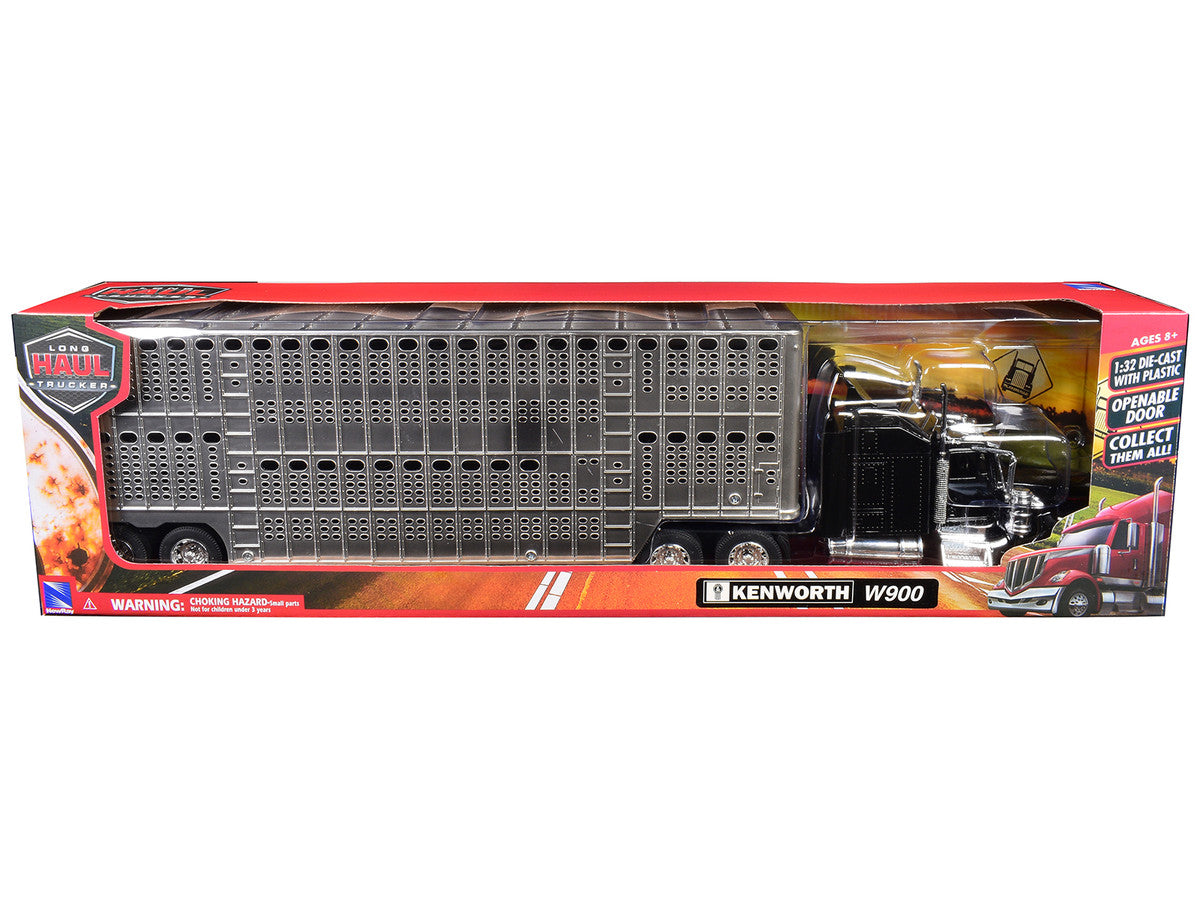 Kenworth W900 Truck Black with Pot Belly Livestock Chrome "Long Haul Truckers" Series 1/32 Diecast Model by New Ray LuxuryLifeWay Online Store