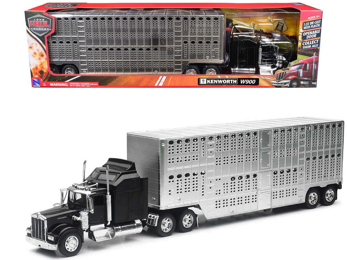 Kenworth W900 Truck Black with Pot Belly Livestock Chrome "Long Haul Truckers" Series 1/32 Diecast Model by New Ray LuxuryLifeWay Online Store