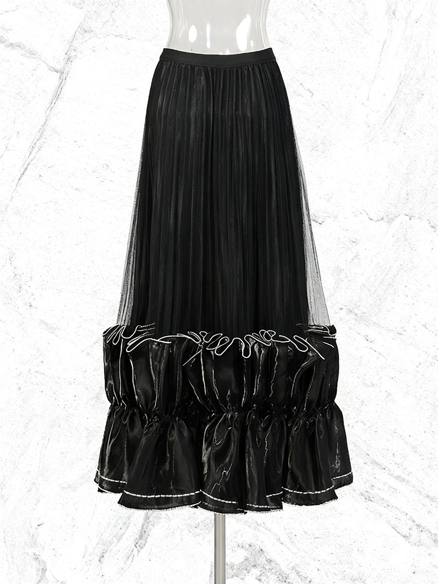 High Waist Pleated Ruffle Hem Midi Skirt NorixaFashion.com