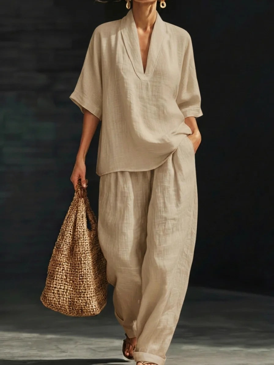 Women's Casual Simple Linen Two-Piece Set NorixaFashion.com