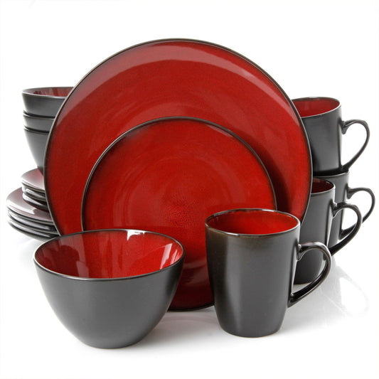 Gibson Soho Lounge Round 16 Piece Stoneware Dinnerware Set in Two Tone Burgundy/Black LuxuryLifeWay Online Store