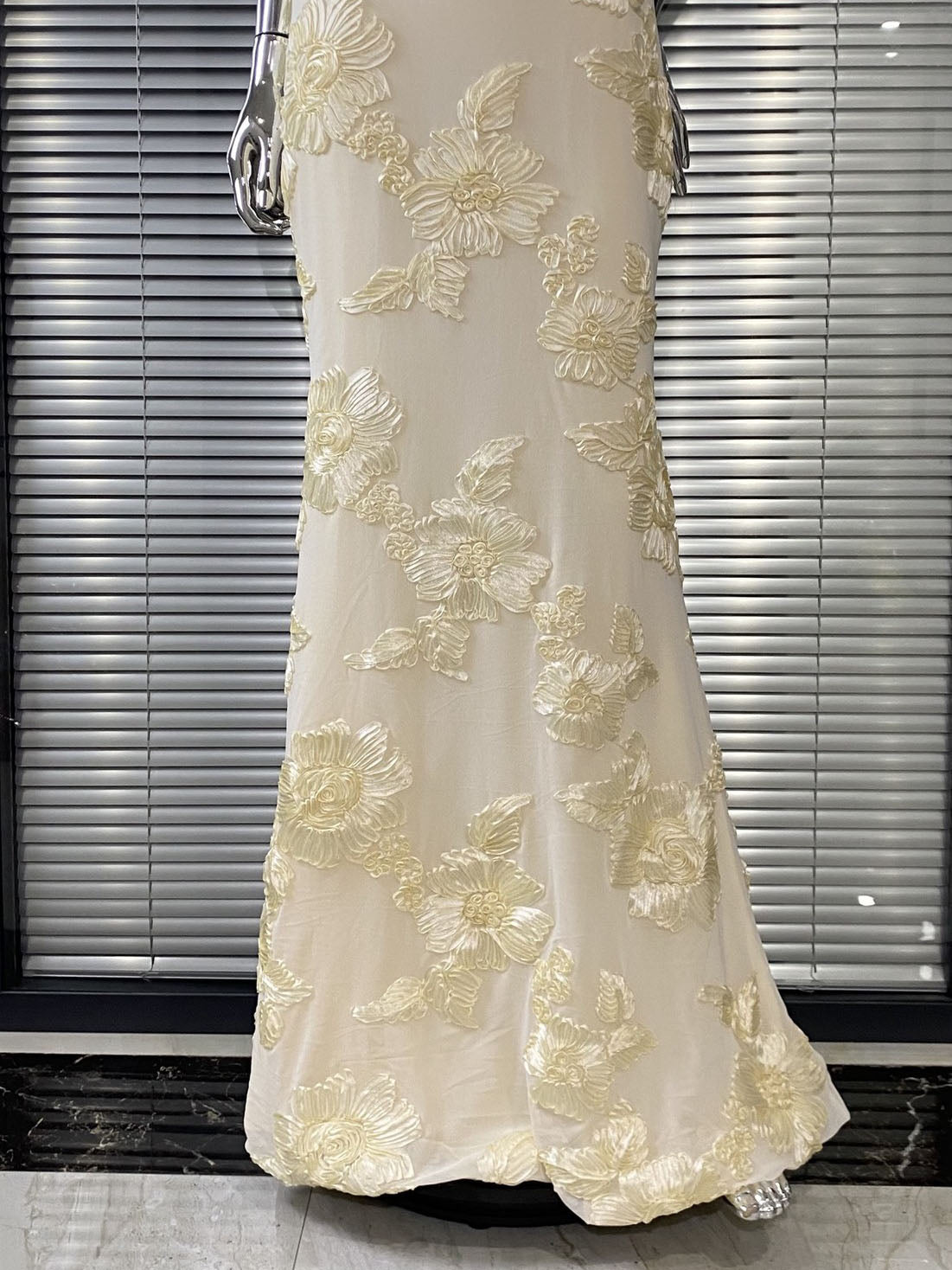 Cream Floral  Halter Neck Mermaid Gown NorixaFashion.com