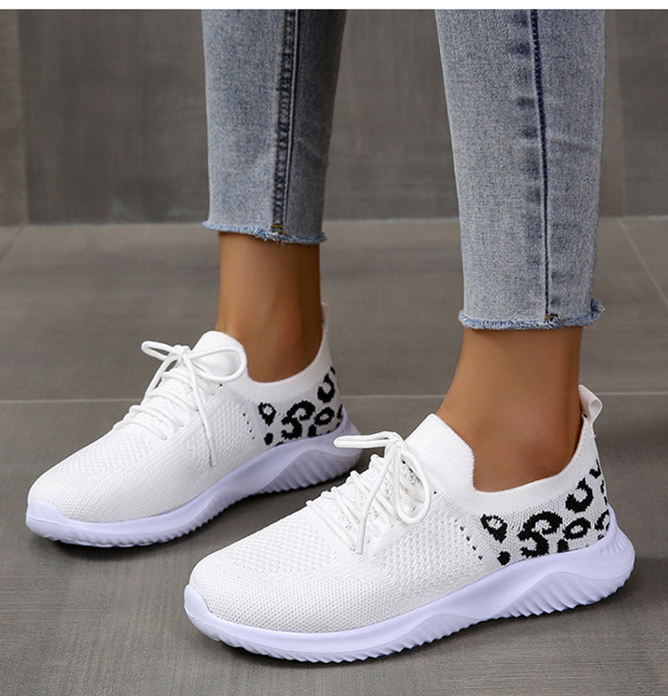 White Shoes Women Leopard Print Lace-up Sneakers Sports CJD