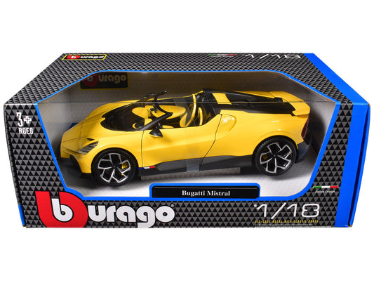 Bugatti Mistral Yellow with Carbon Accents 1/18 Diecast Model Car by Bburago LuxuryLifeWay Online Store