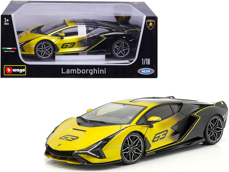 Lamborghini Sian FKP 37 #63 Yellow Metallic and Black 1/18 Diecast Model Car by Bburago LuxuryLifeWay Online Store