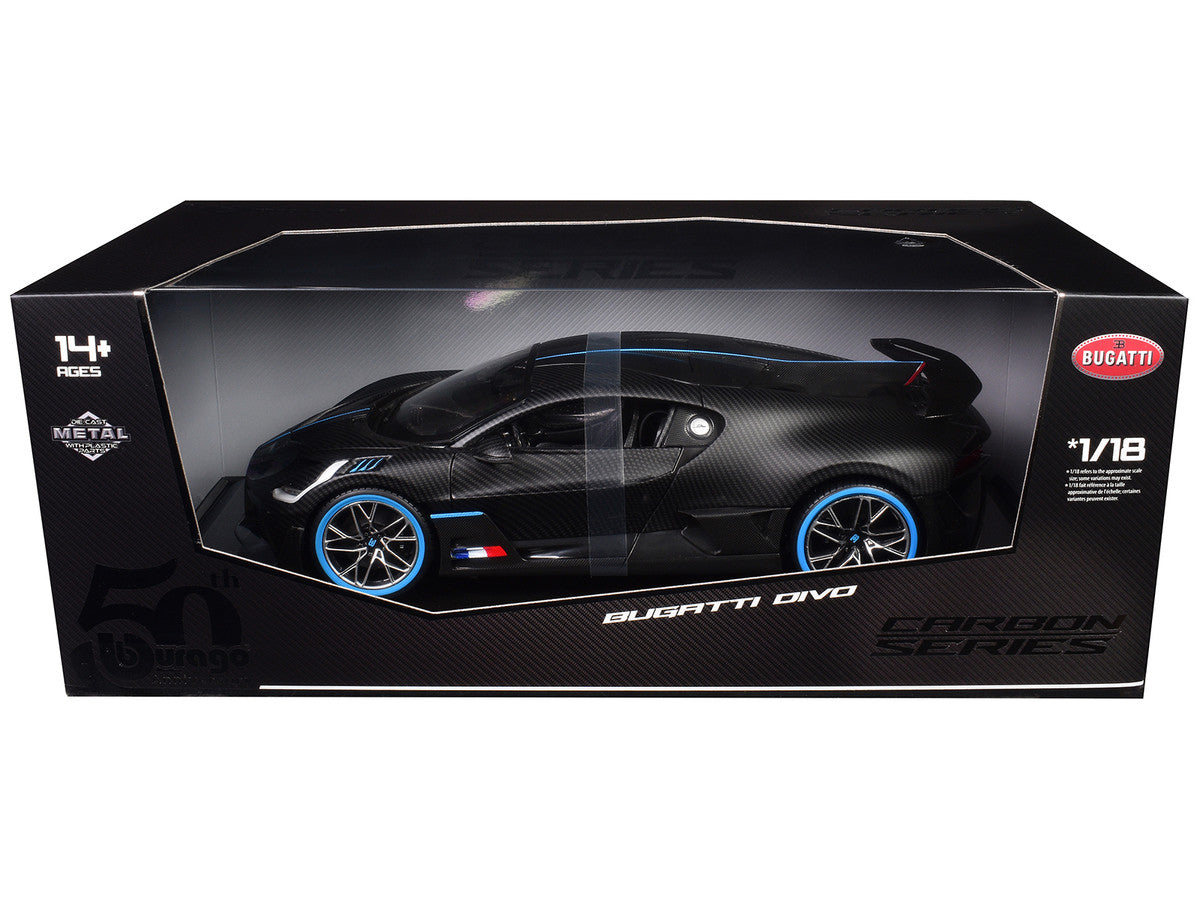 Bugatti Divo Carbon Fiber with Blue Accents "Carbon Series - Bburago 50th Anniversary" 1/18 Diecast Model Car by Bburago LuxuryLifeWay Online Store