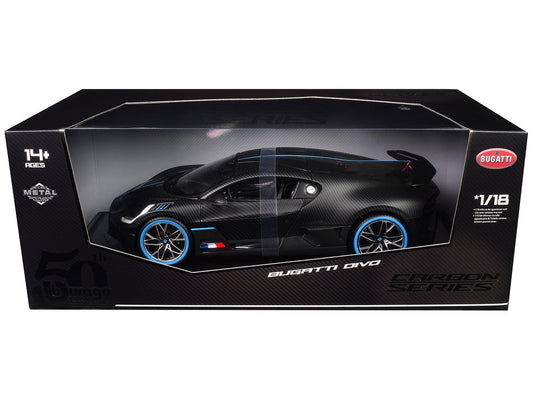 Bugatti Divo Carbon Fiber with Blue Accents "Carbon Series - Bburago 50th Anniversary" 1/18 Diecast Model Car by Bburago LuxuryLifeWay Online Store