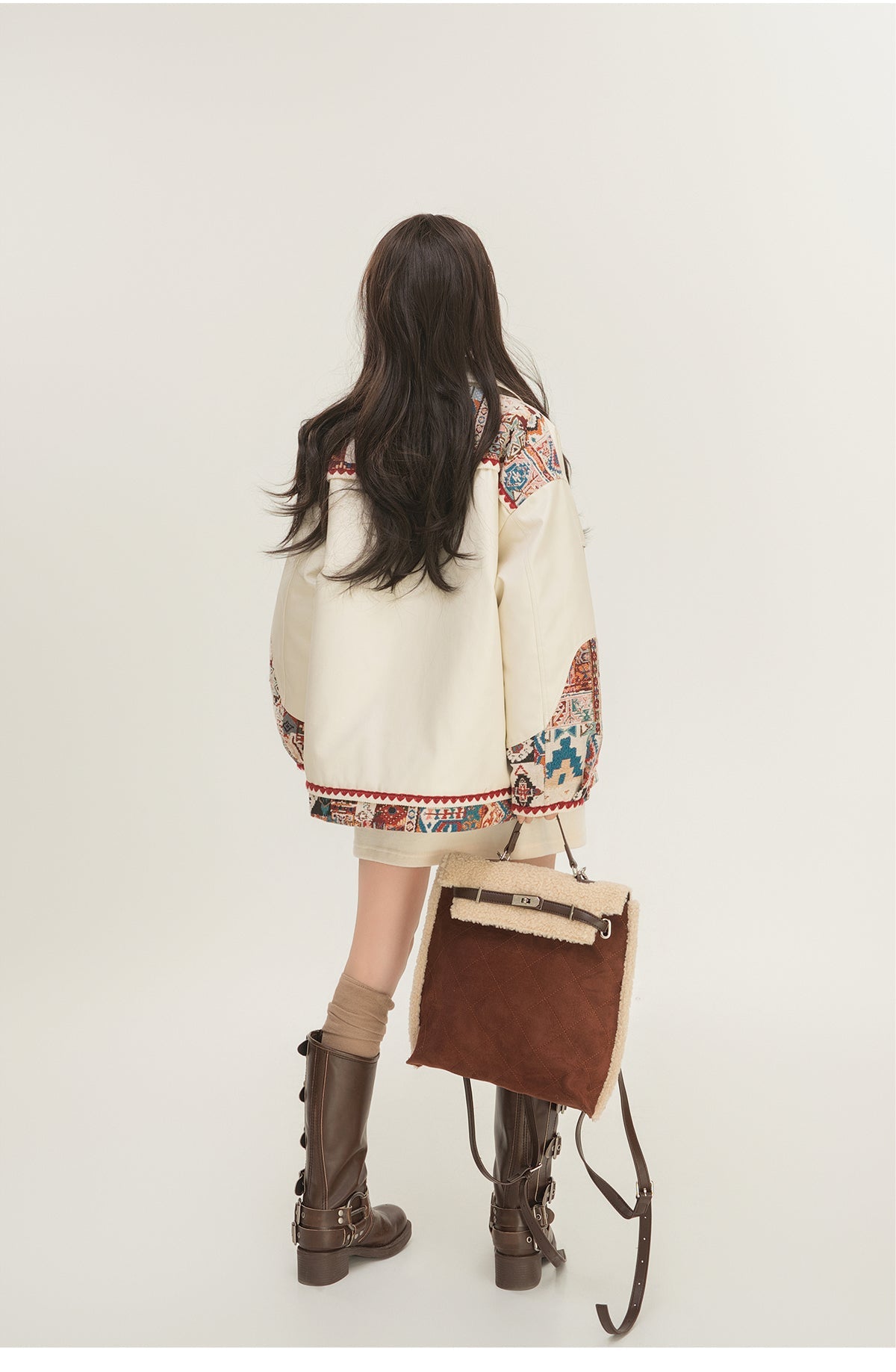 Jacquard Splicing Motorcycle PU Leather Jacket LadyShow.Store