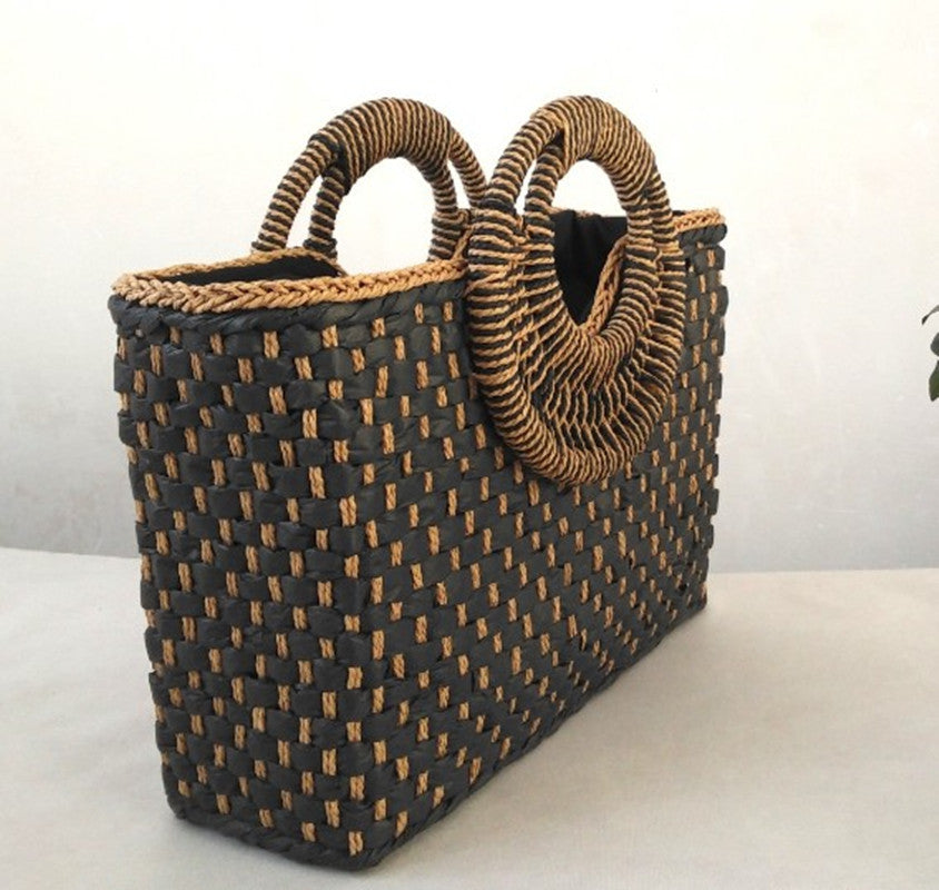 Wooden handle beach bag handbag