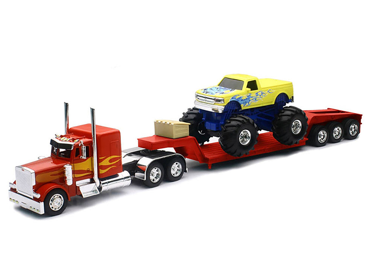 Peterbilt 379 Truck with Lowboy Trailer Red with Orange Flames and Monster Truck Yellow with Blue Flames "Long Haul Truckers" Series 1/32 Diecast Model by New Ray LuxuryLifeWay Online Store