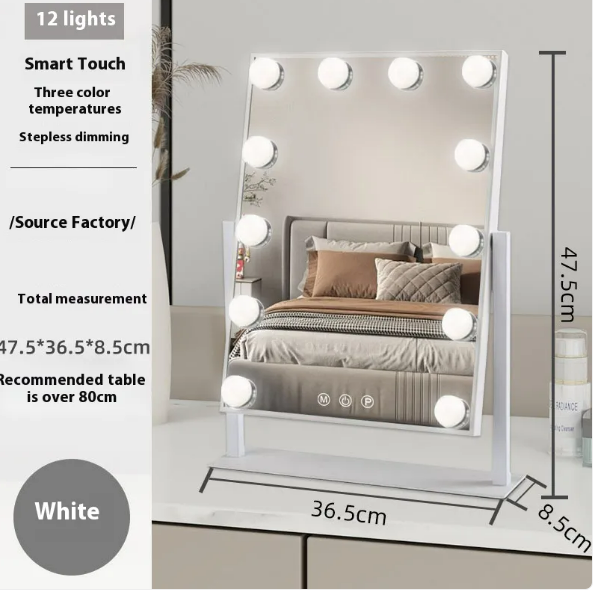 Vanity Mirror with Lights, Hollywood Vanity Makeup Mirror with 9 Dimmable LED Bulbs, 3 Color Lighting Modes, Detachable 10X Magnification, 360°Rotation,White LadyShow.Store