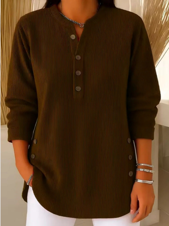 V-neck Buttons Sweater Fashion Casual Solid Color Long-sleeved Tops Women's Blouse T-shirt Clothing NorixaFashion.com