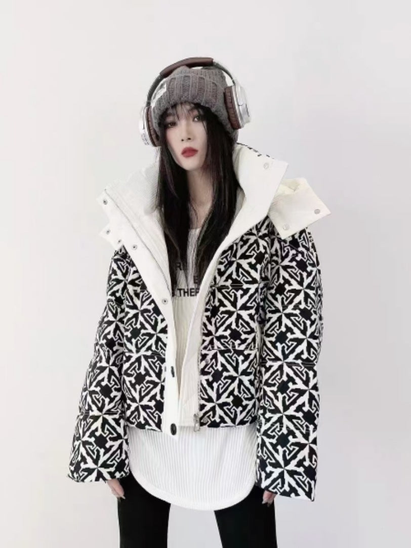 Printed Hooded Down Jacket Women's Short LadyShow.Store