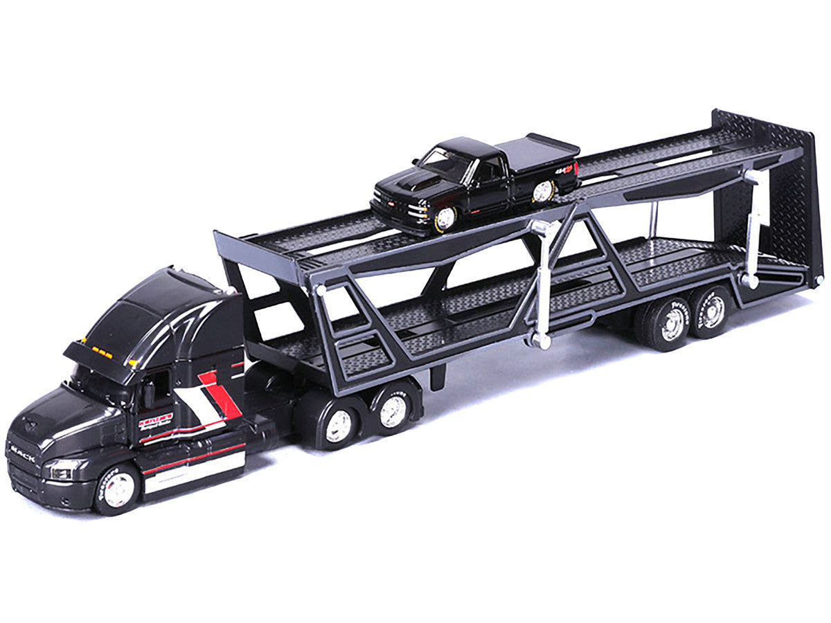 Mack Anthem Open Car Hauler Black with Red and White Stripes "Kenzie's Transport Services" and 1993 Chevrolet 454 SS Pickup Truck Black "Transporters" Series 1/64 Diecast Models by Maisto LuxuryLifeWay Online Store