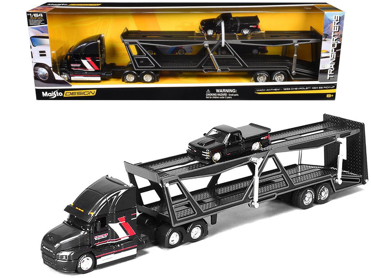 Mack Anthem Open Car Hauler Black with Red and White Stripes "Kenzie's Transport Services" and 1993 Chevrolet 454 SS Pickup Truck Black "Transporters" Series 1/64 Diecast Models by Maisto LuxuryLifeWay Online Store