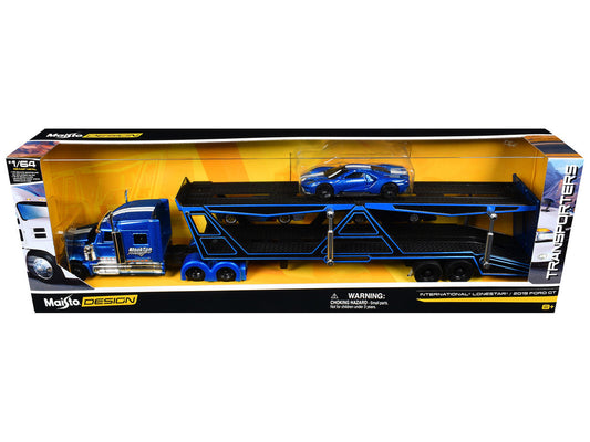 International Lonestar "BlackTop Transport" Open Car Hauler Blue Metallic with White Stripes and Graphics and 2019 Ford GT Blue Metallic with White Stripes "Transporters" Series 1/64 Diecast Models by Maisto LuxuryLifeWay Online Store