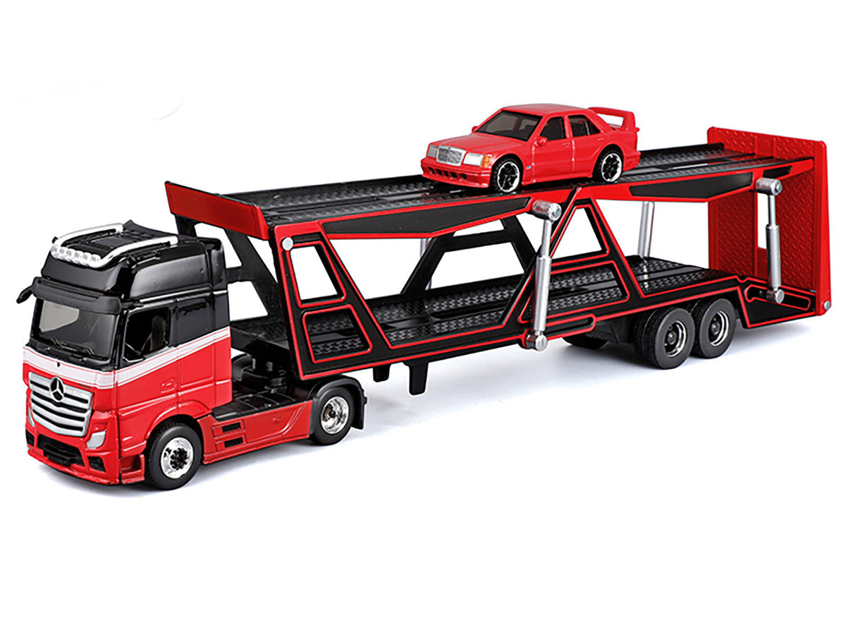 Mercedes-Benz Actros Open Car Hauler Red and Black with White Stripes and 1990 Mercedes-Benz 190E Red "Transporters" Series 1/64 Diecast Models by Maisto LuxuryLifeWay Online Store