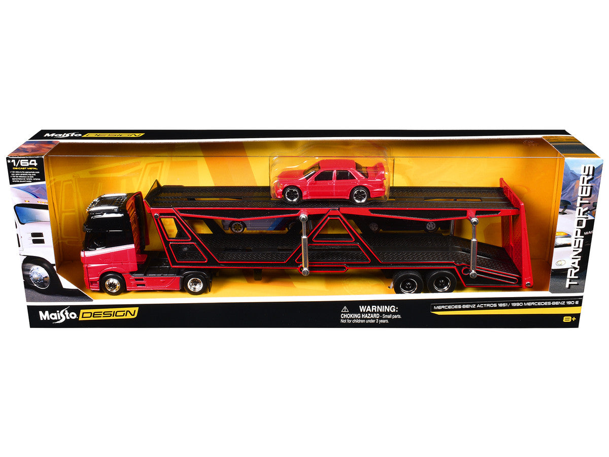 Mercedes-Benz Actros Open Car Hauler Red and Black with White Stripes and 1990 Mercedes-Benz 190E Red "Transporters" Series 1/64 Diecast Models by Maisto LuxuryLifeWay Online Store