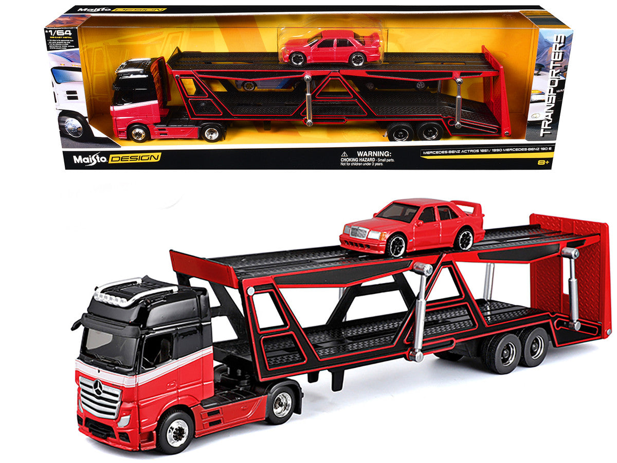 Mercedes-Benz Actros Open Car Hauler Red and Black with White Stripes and 1990 Mercedes-Benz 190E Red "Transporters" Series 1/64 Diecast Models by Maisto LuxuryLifeWay Online Store