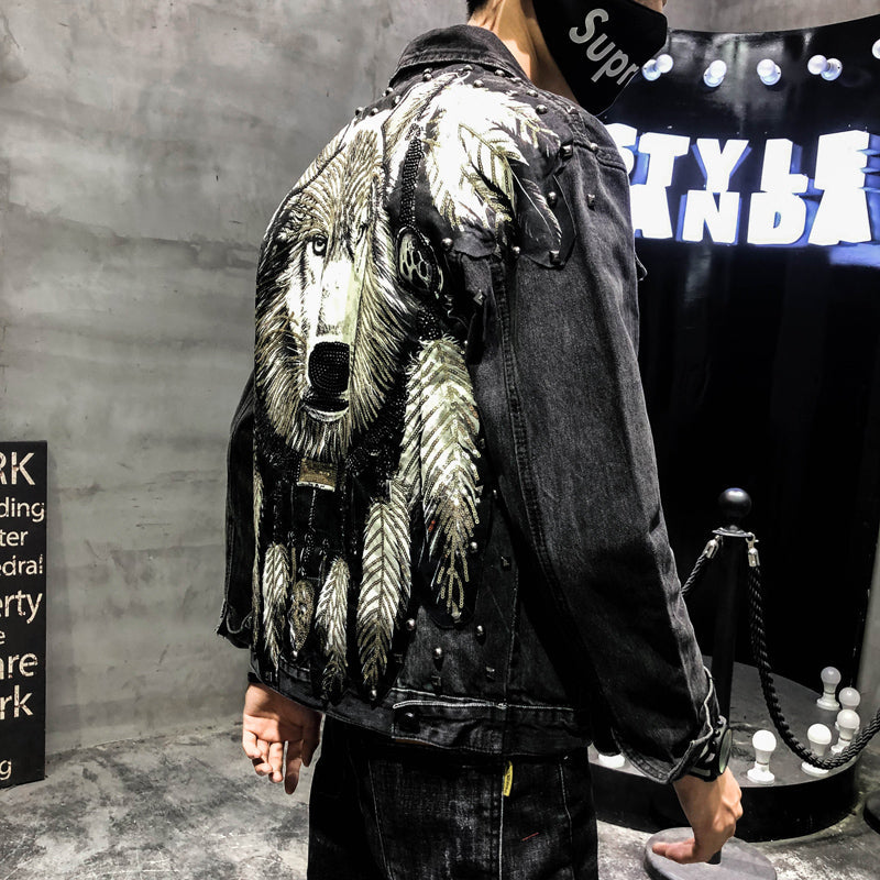 Boy Jeans Jacket Wolf Dog Embroidery Handsome Guy Slim Men's Jacket Best YouTube Store